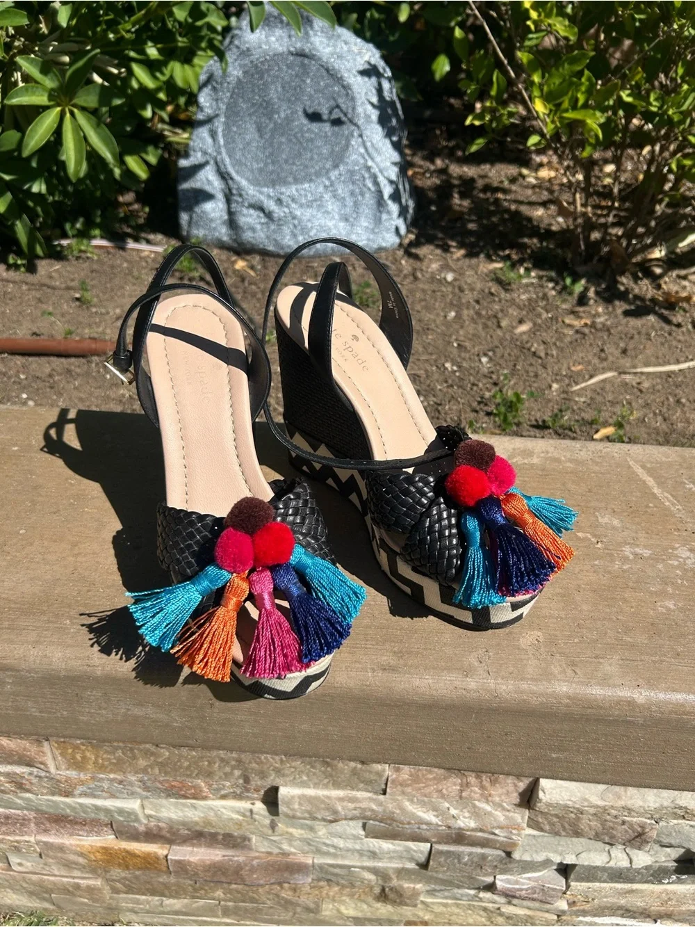 Kate Spade Black Woven Espadrille Wedge Sandals with Multicolor Tassels